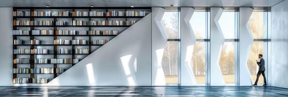 A man is walking down a beautifully designed library staircase photo