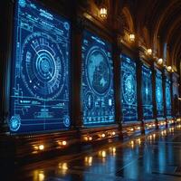 A long hallway with blue lights on the walls creates a striking atmosphere photo