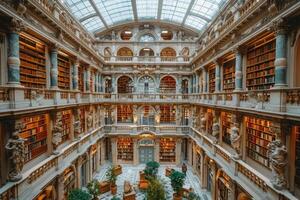 A large building with many bookshelves and a stunning glass ceiling photo