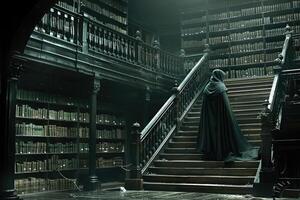 A man in a cape stands on stairs inside a library full of books photo