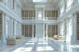 A large white library with many bookshelves and tall columns photo