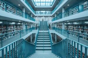 A beautiful library featuring stairs that lead up to the second floor photo