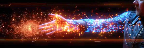 A man is holding a hand that emits a glowing light in the dark photo
