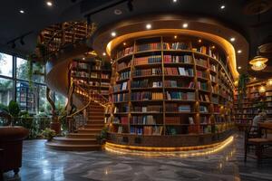 A beautiful library with a stunning spiral staircase and many books photo