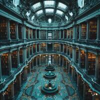 A large library features a fountain in its center photo