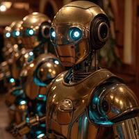 A line of shimmering gold robots equipped with striking blue eyes photo