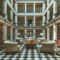The interior space of a library featuring a stylish checkered floor photo