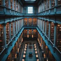 A large library that is filled with numerous books and ample tables photo