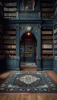 A clock is prominently on the wall and a rug on the floor photo