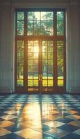 The sun is brightly shining through the windows of a tall building photo