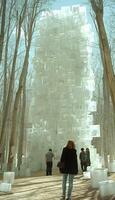 A woman is walking in front of a very large and stunning ice sculpture photo