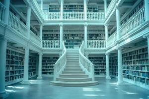 There is a library that features stairs ascending to the second floor photo
