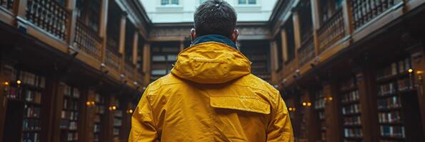 A man wearing a bright yellow jacket is strolling through a library photo