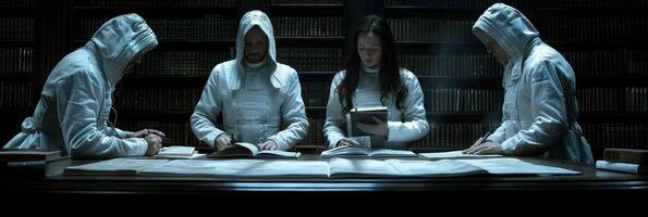 Mysterious Scholars Gather in a Dimly Lit Library Surrounded by Ancient Knowledge and Lore photo