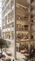 A very large building that contains a multitude of books on the shelves photo