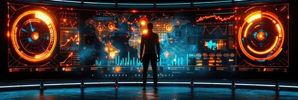A man stands before a large screen displaying a world map photo