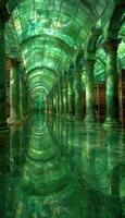 A beautiful library with green columns and a vibrant ceiling photo