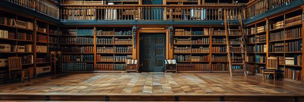 The expansive library is filled with numerous books arranged on shelves photo
