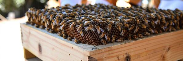 A group of bees is resting peacefully on the surface of a wooden box photo