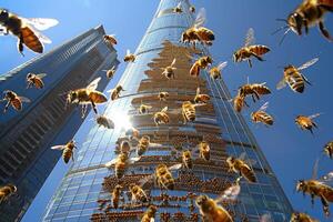 A large group of buzzing bees is flying around a tall building photo