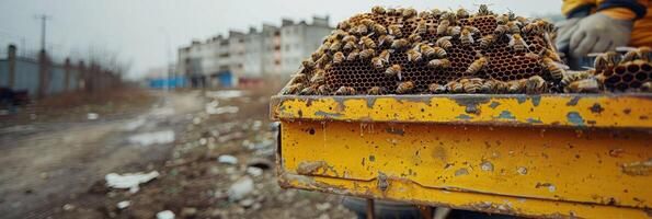 A person holds a yellow box filled with bees and honeycombs photo