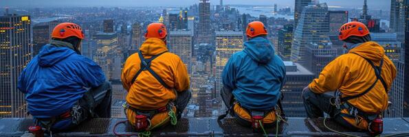 A group of men sits atop a building, viewing the city skyline photo