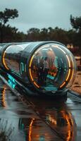 A futuristic tunnel that showcases a reflection of trees within it photo