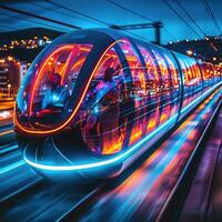 A futuristic train moves swiftly at night, lit up for a stunning view photo