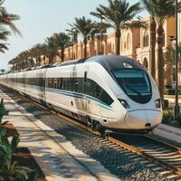 A train is arriving at a station with palm trees behind it photo