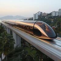 A futuristic train crosses a bridge with a city beyond it photo