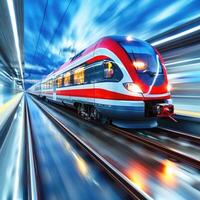 A bright red and white train is traveling swiftly down the tracks photo