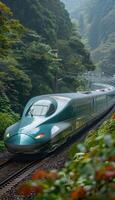 A blue and white train is smoothly going down the tracks swiftly photo