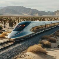 A blue and white train is smoothly going down the tracks swiftly photo