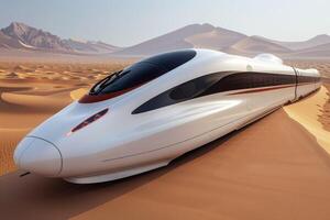 A white train travels through the desert, mountains visible behind photo