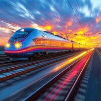 A train is steadily making its way down the tracks during sunset photo