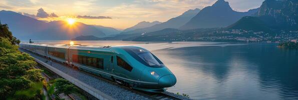 A highspeed train glides by a lake during a stunning sunset photo