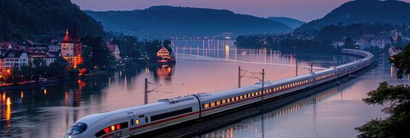 A train is traveling across a bridge that spans a body of water photo