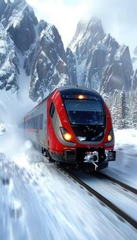 A red train travels through snow with mountains behind it photo