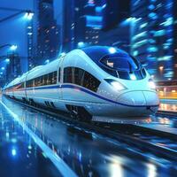 A bright yellow train is swiftly traveling down the tracks during the night photo