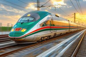 A HighSpeed Train is Rushing Through the Bustling City as the Bright Sun Sets in the Evening Sky photo