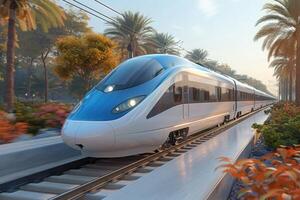 A blue and white train is smoothly going down the tracks swiftly photo