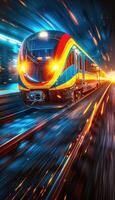 A vibrant and colorful train is traveling down the railway tracks at night photo