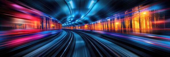 A train travels through a tunnel with a city skyline behind photo