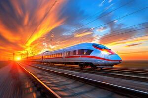 A scenic train travels down the tracks as the sun sets beautifully photo