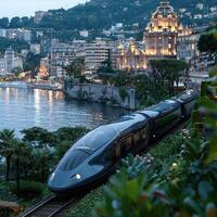 A blue and white train is smoothly going down the tracks swiftly photo