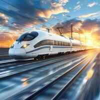 A beautiful train is traveling steadily down the tracks at sunset time photo