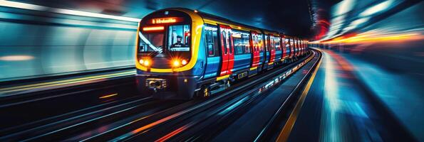 A subway train is traveling through a dark tunnel at night time photo