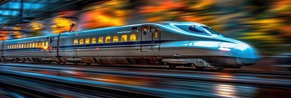 A bright red and white train is traveling swiftly down the tracks photo