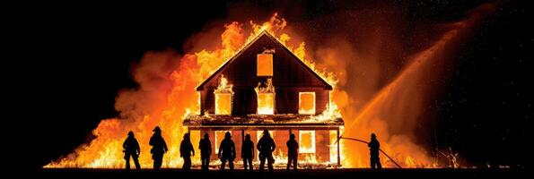 Brave firefighters are heroically combatting a blazing inferno during the dark night hours photo
