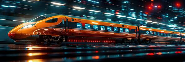A bright yellow train is swiftly traveling down the tracks during the night photo